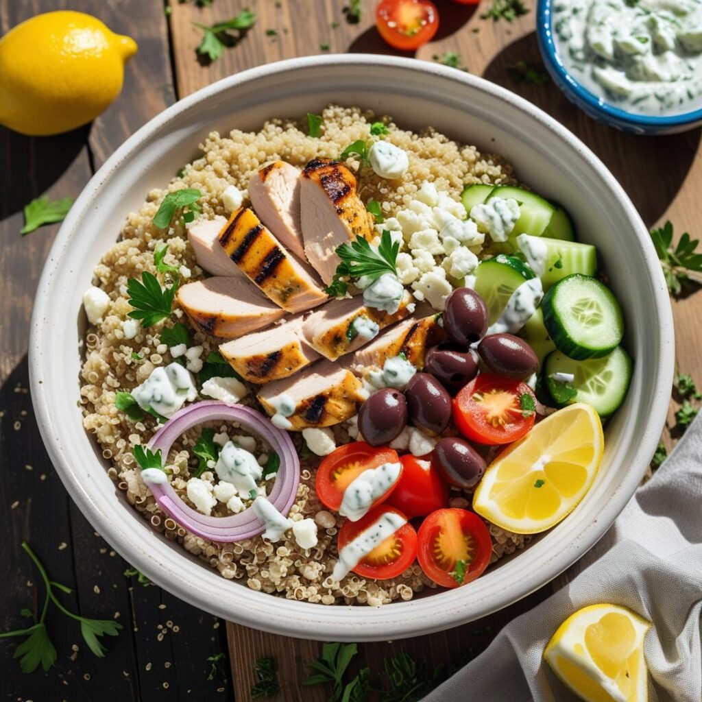 Quinoa Greek Bowl with Grilled Chicken