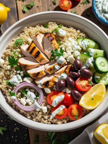 Quinoa Greek Bowl with Grilled Chicken